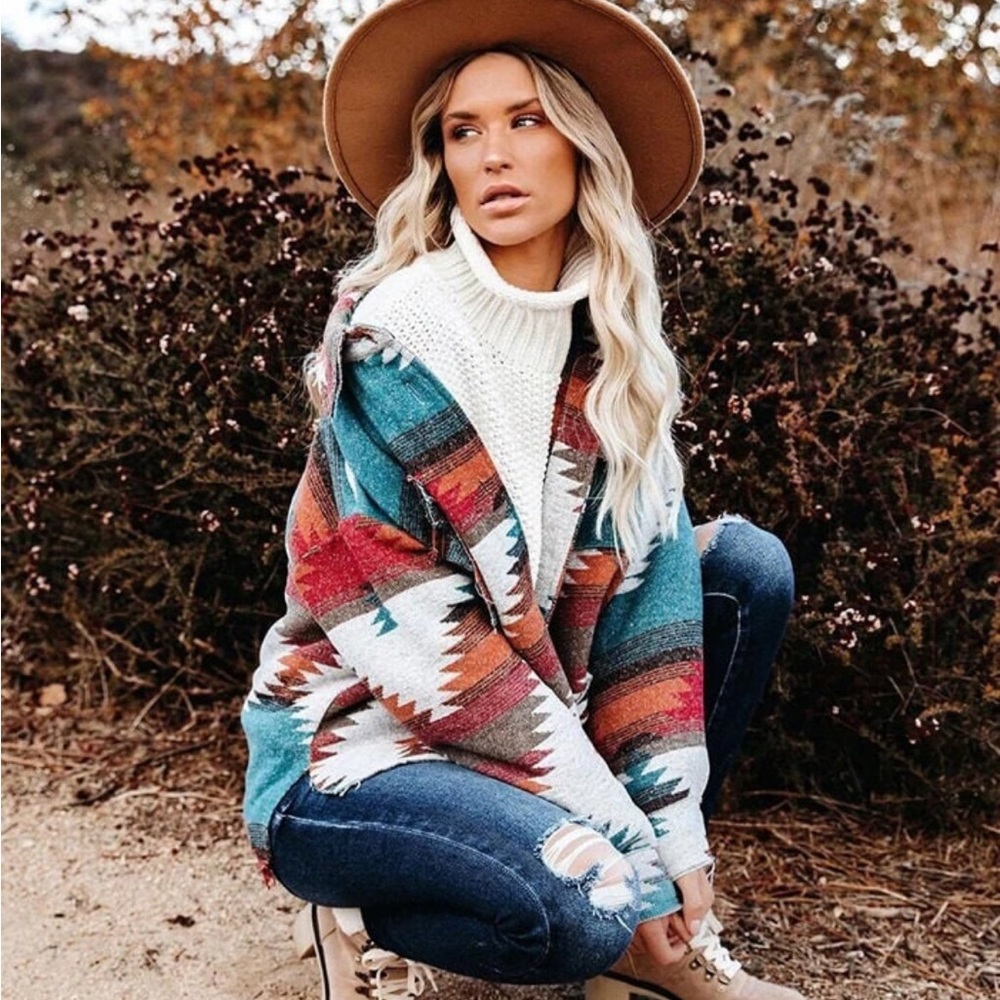 Aztec Western Distressed Button Pocket Shacket Ye… - image 5